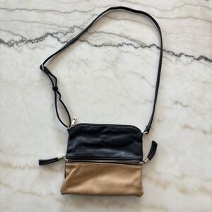 Crossbody Black & Beige Vegan Leather Tassels Purse Bag Pockets Adjustable strap